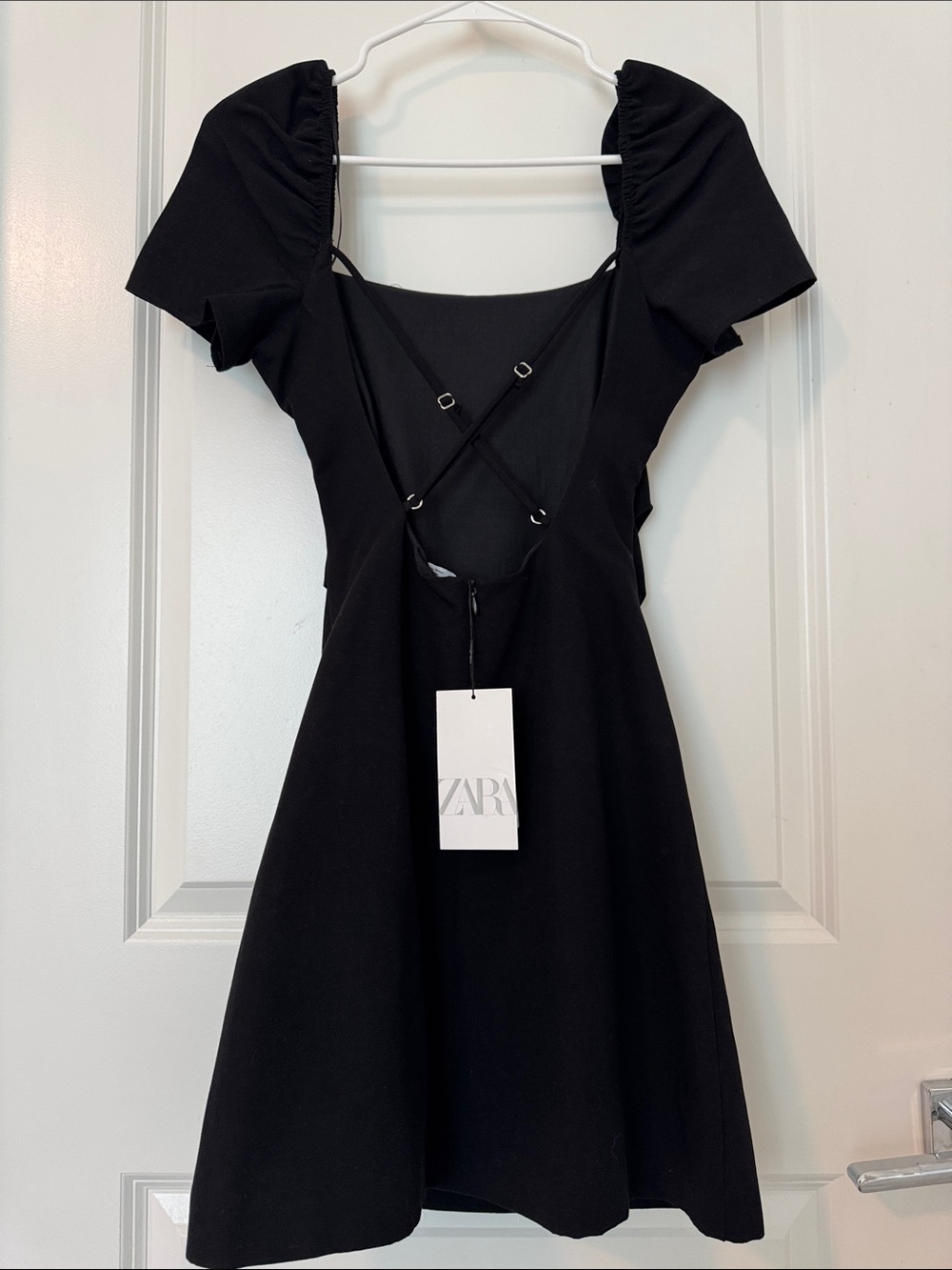 Zara Black Short Puff-Sleeve Open Back A-Line Dress NWT Women XS Linen-Cotton - Picture 2 of 8